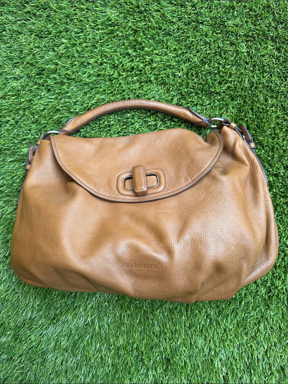 Jil Sander Pebbled Leather Shoulder Bag in Cognac Brown